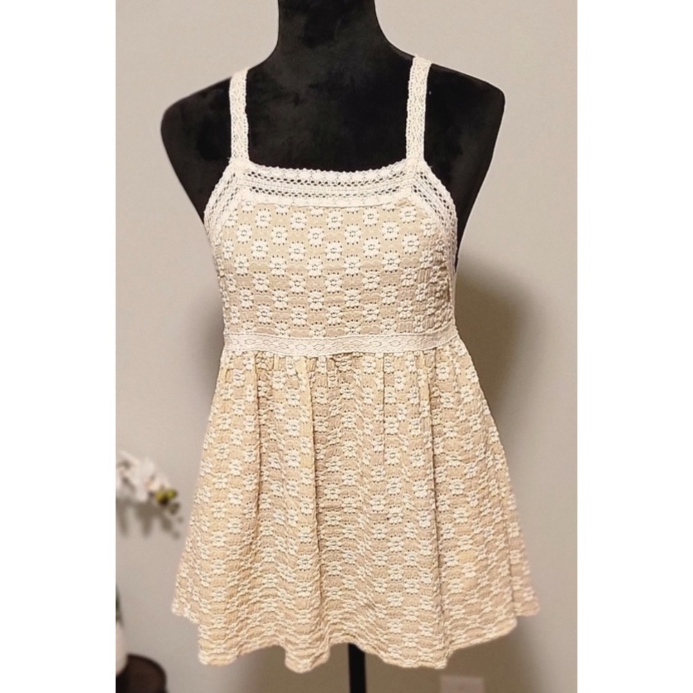 POL Tan Floral Embroidered Lace Trimmed Babydoll Top with Back Bow Tie - Picture 8 of 9